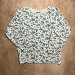 Vintage 90s NOLOGO Floral Print Sweater White Textured Knit Cottagecore Fairy